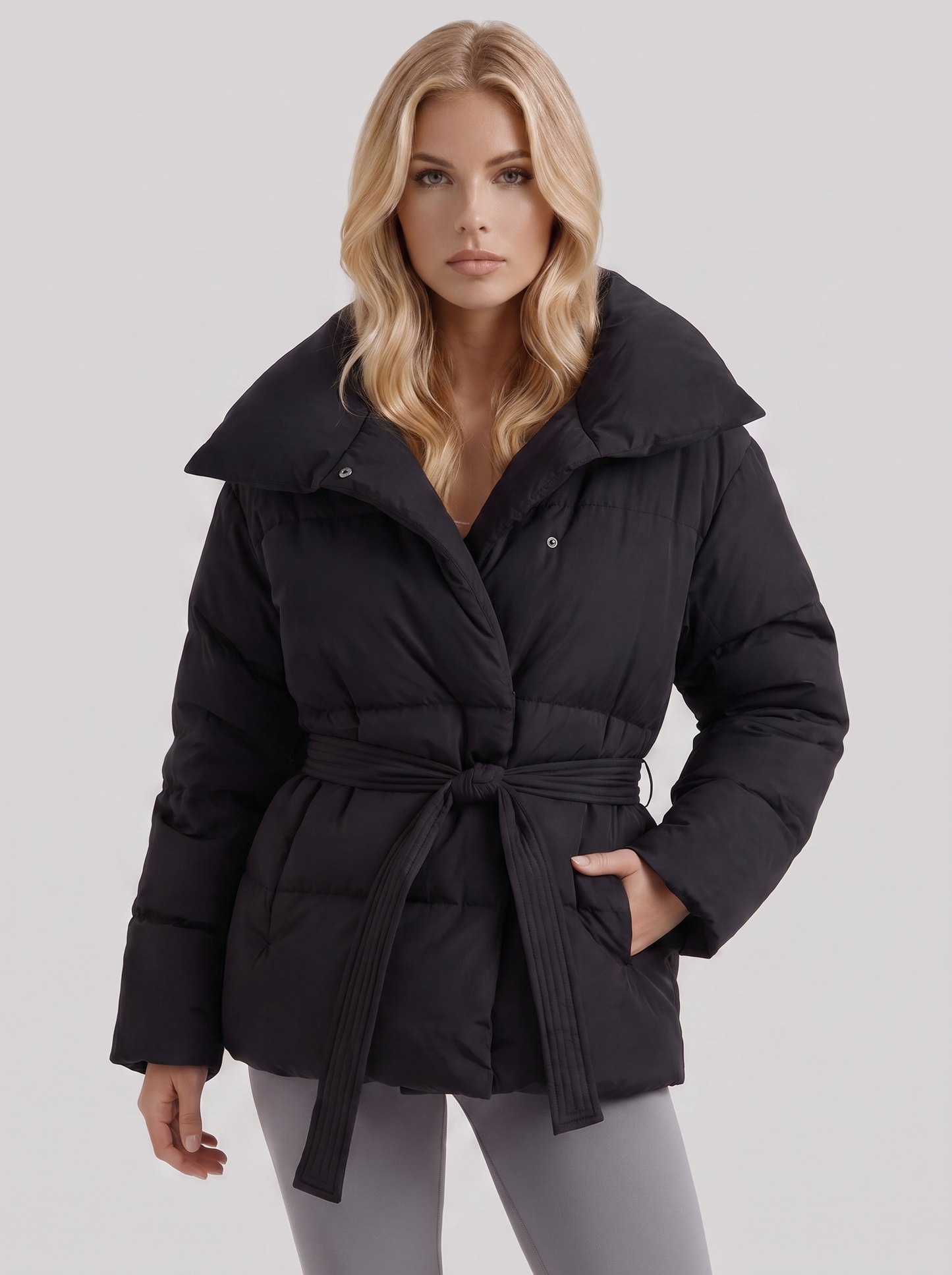Women's black puffer jacket with quilted panels and zip front
