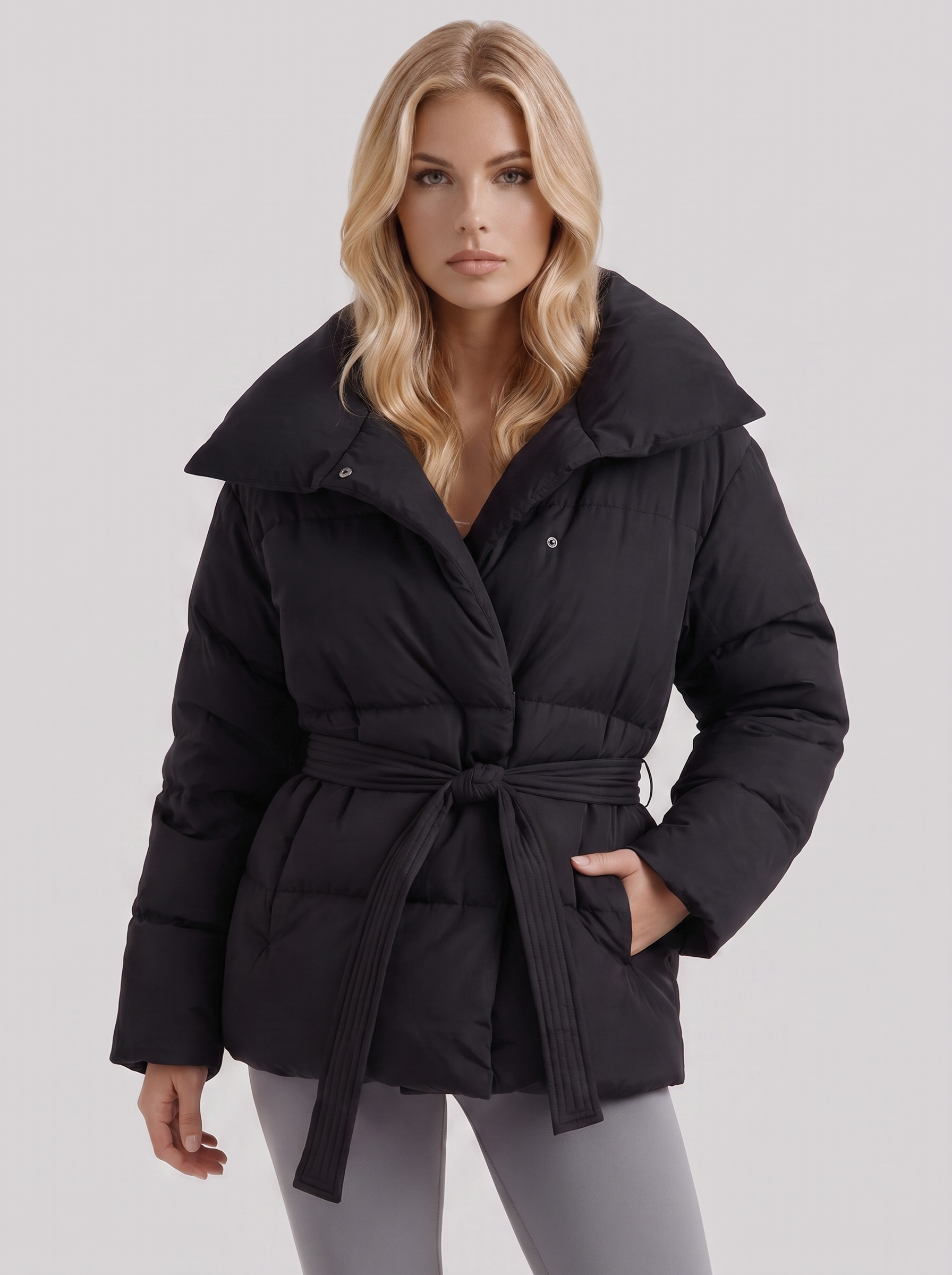 Women's black puffer jacket with quilted panels and zip front