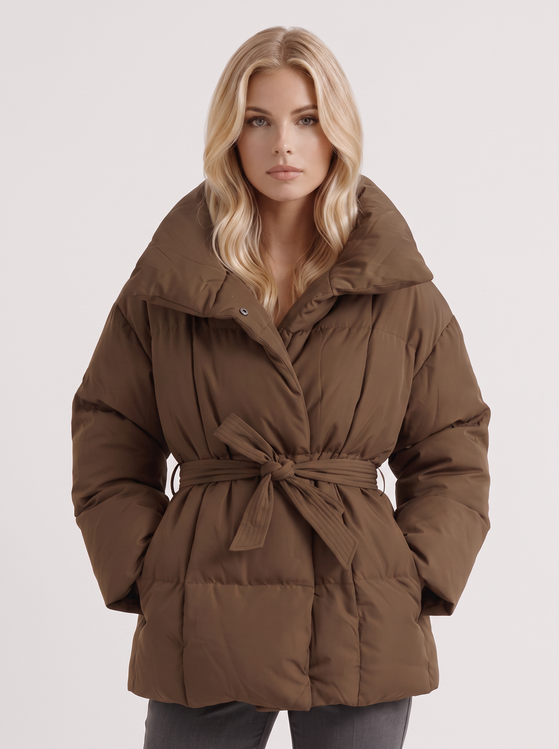 Women's brown puffer jacket with quilted panels and zip front