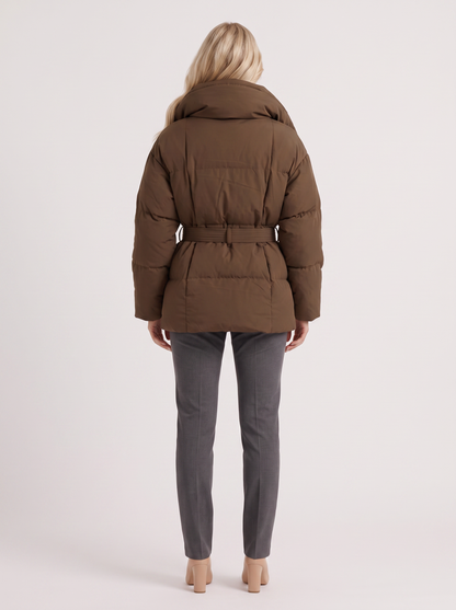 Women's brown puffer jacket with quilted panels and zip front