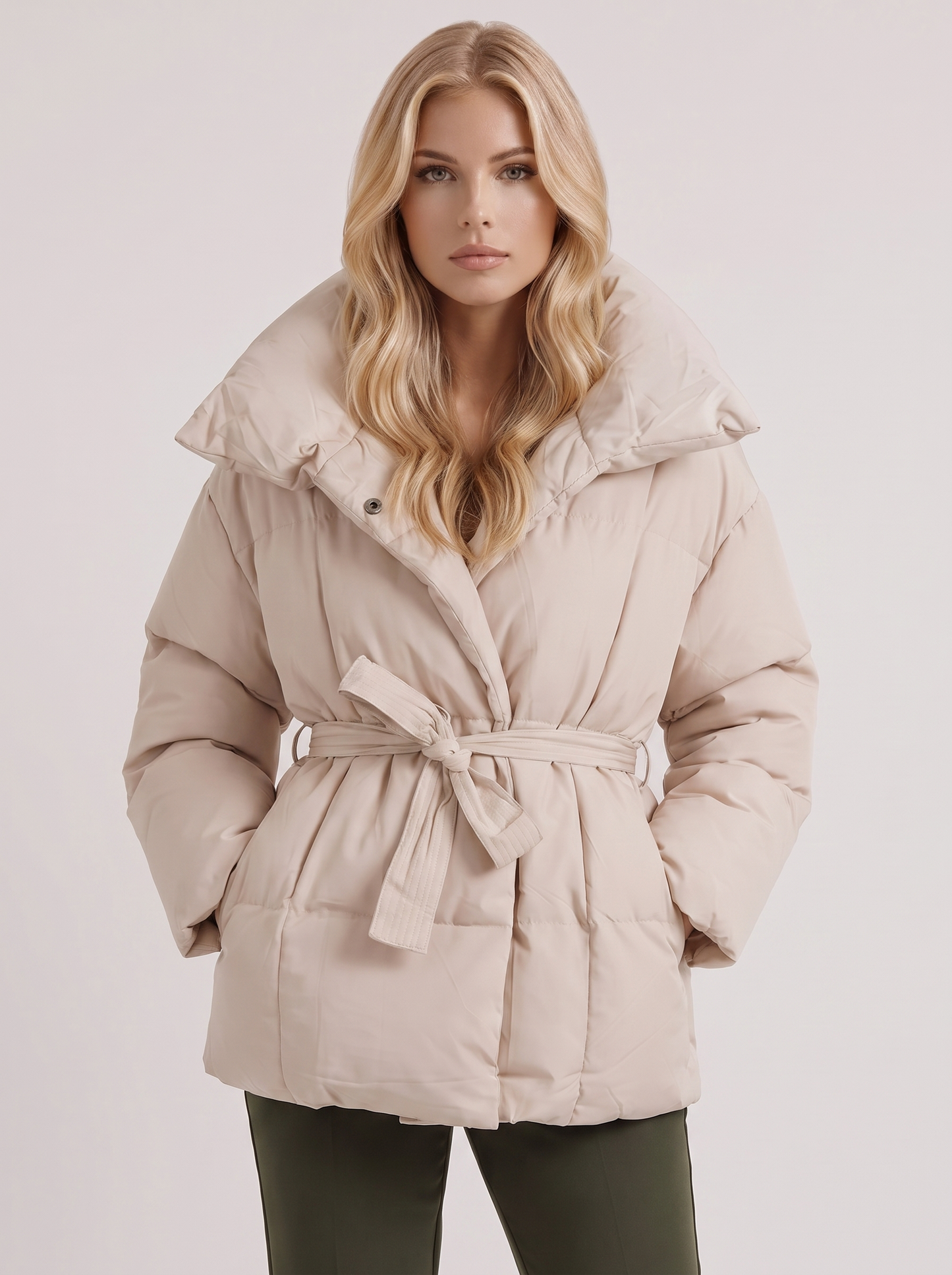 Women's white puffer jacket with quilted panels and zip front