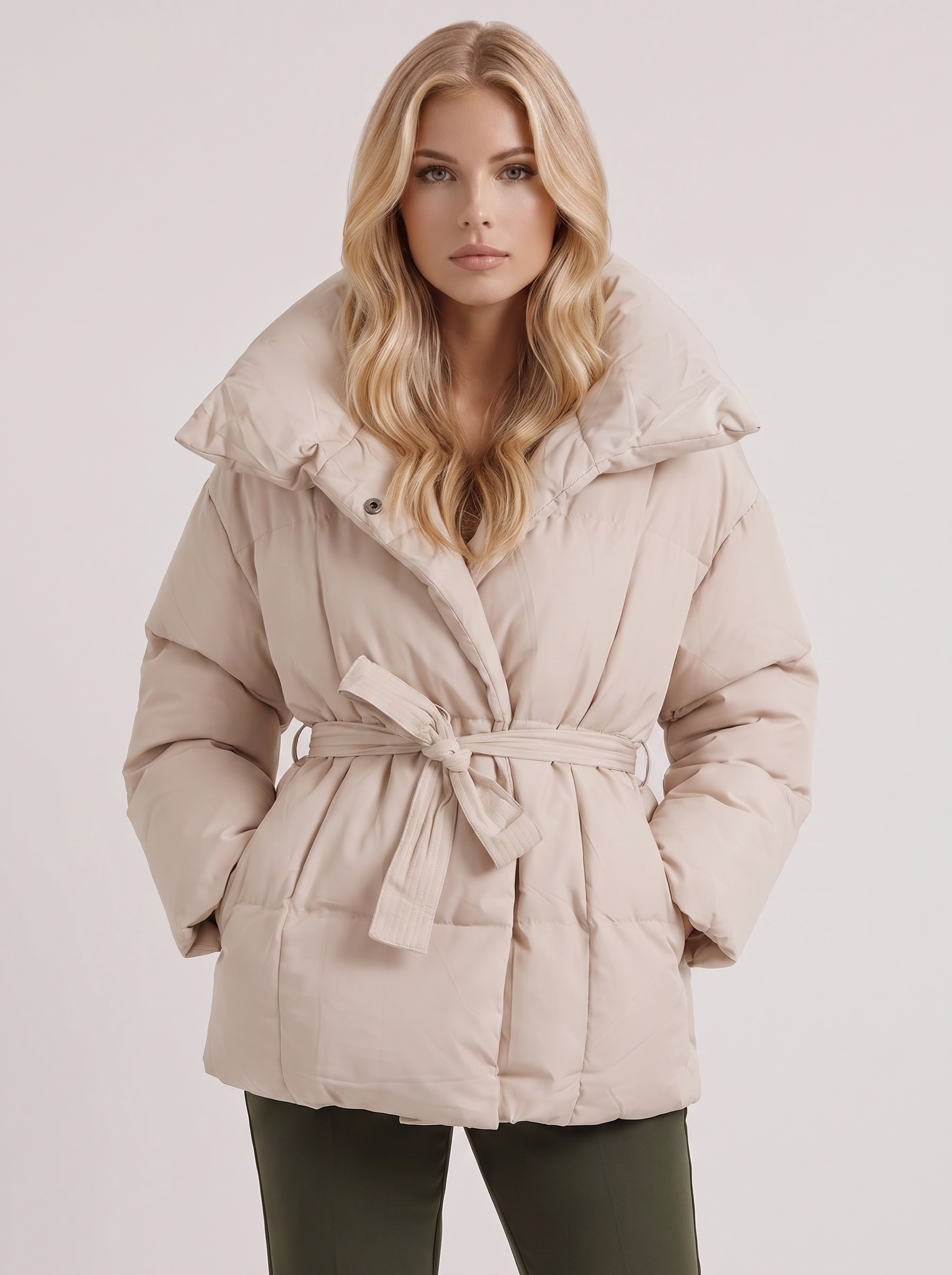 Women's white puffer jacket with quilted panels and zip front