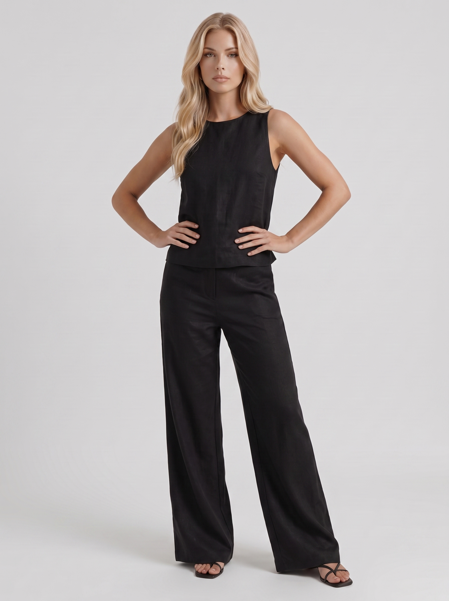 Women black pants set with sleeveless linen top and round neckline