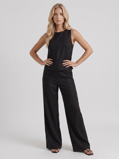 Women black pants set with sleeveless linen top and round neckline