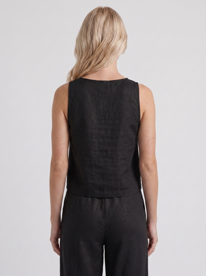 Women black pants set with sleeveless linen top and round neckline
