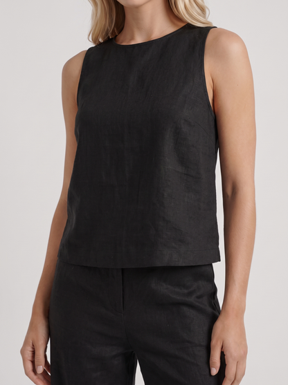 Women black pants set with sleeveless linen top and round neckline