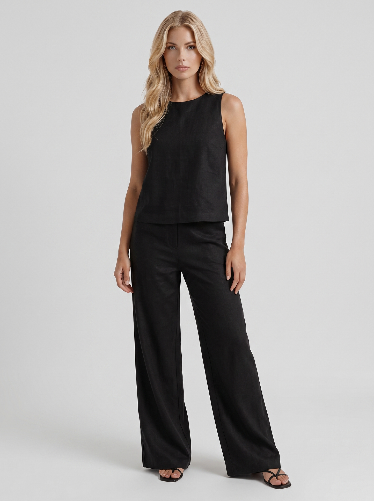 Women black pants set with sleeveless linen top and round neckline