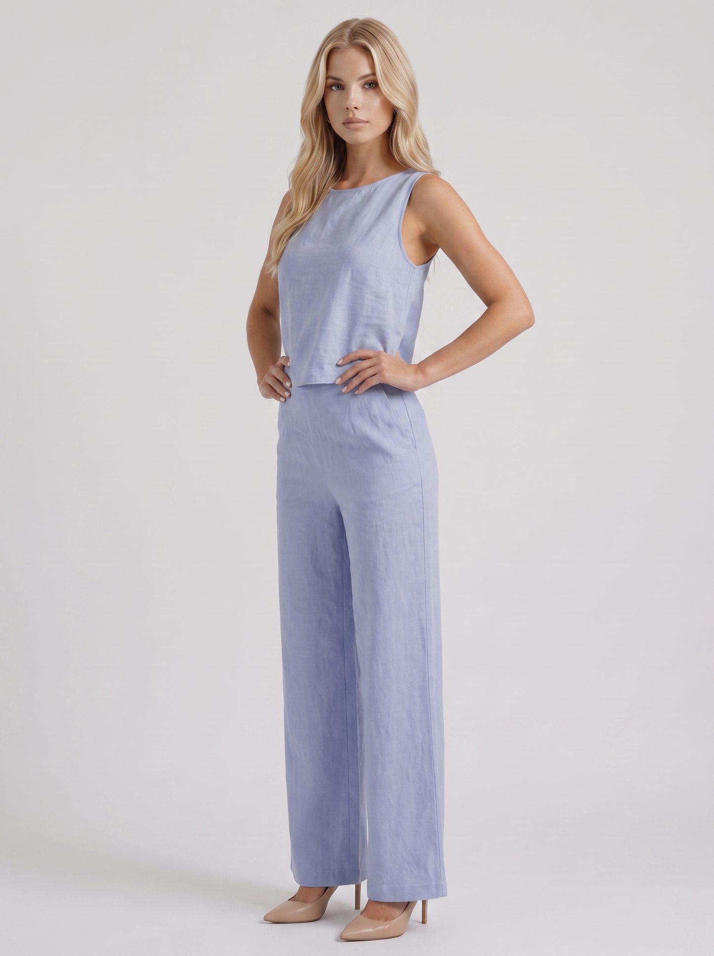 Women blue pants set with sleeveless linen top and round neckline