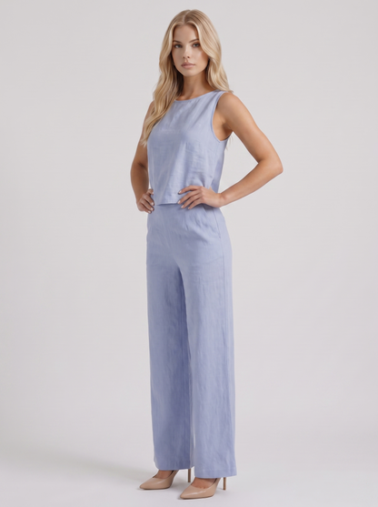 Women blue pants set with sleeveless linen top and round neckline