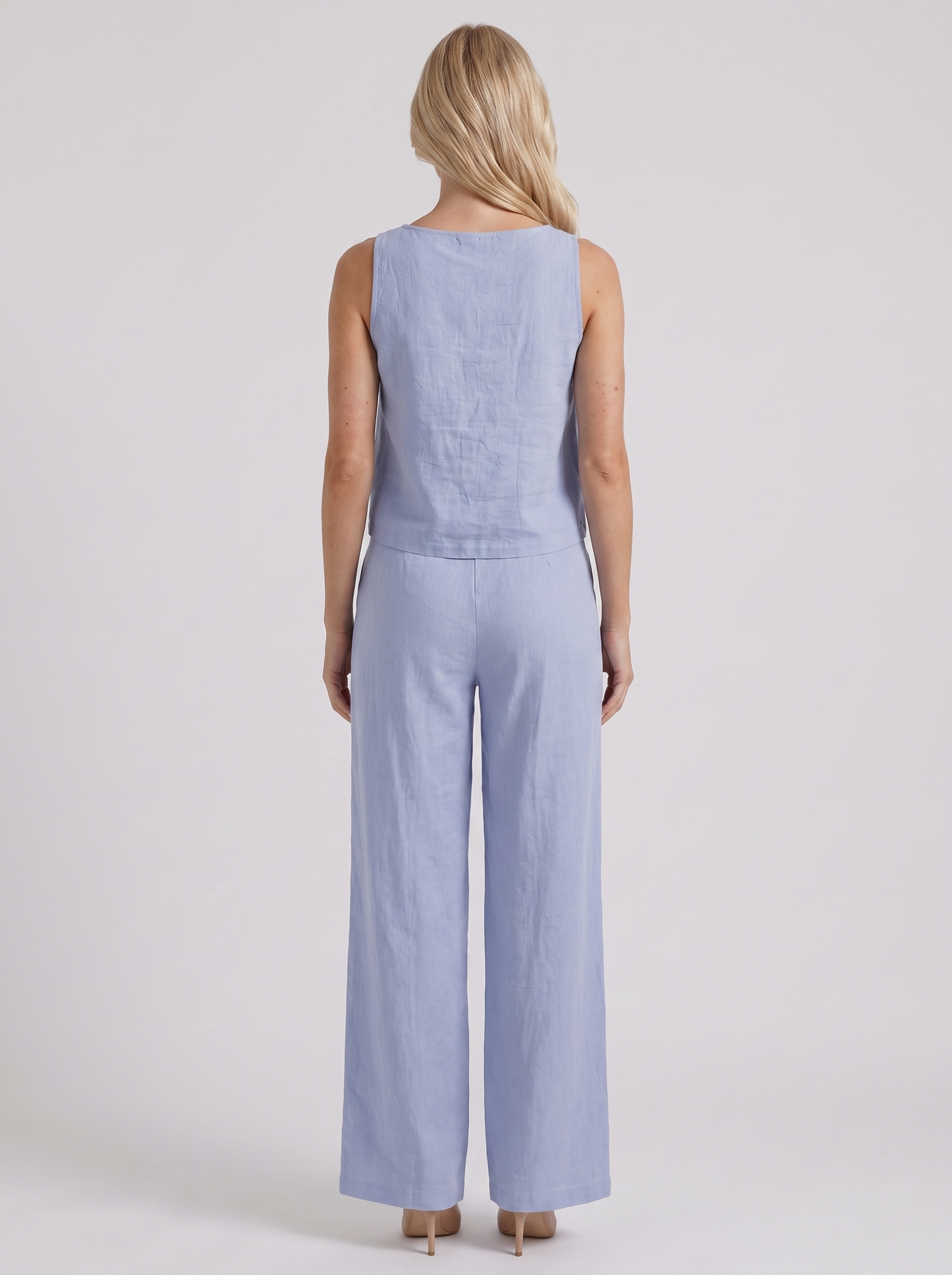 Women blue pants set with sleeveless linen top and round neckline