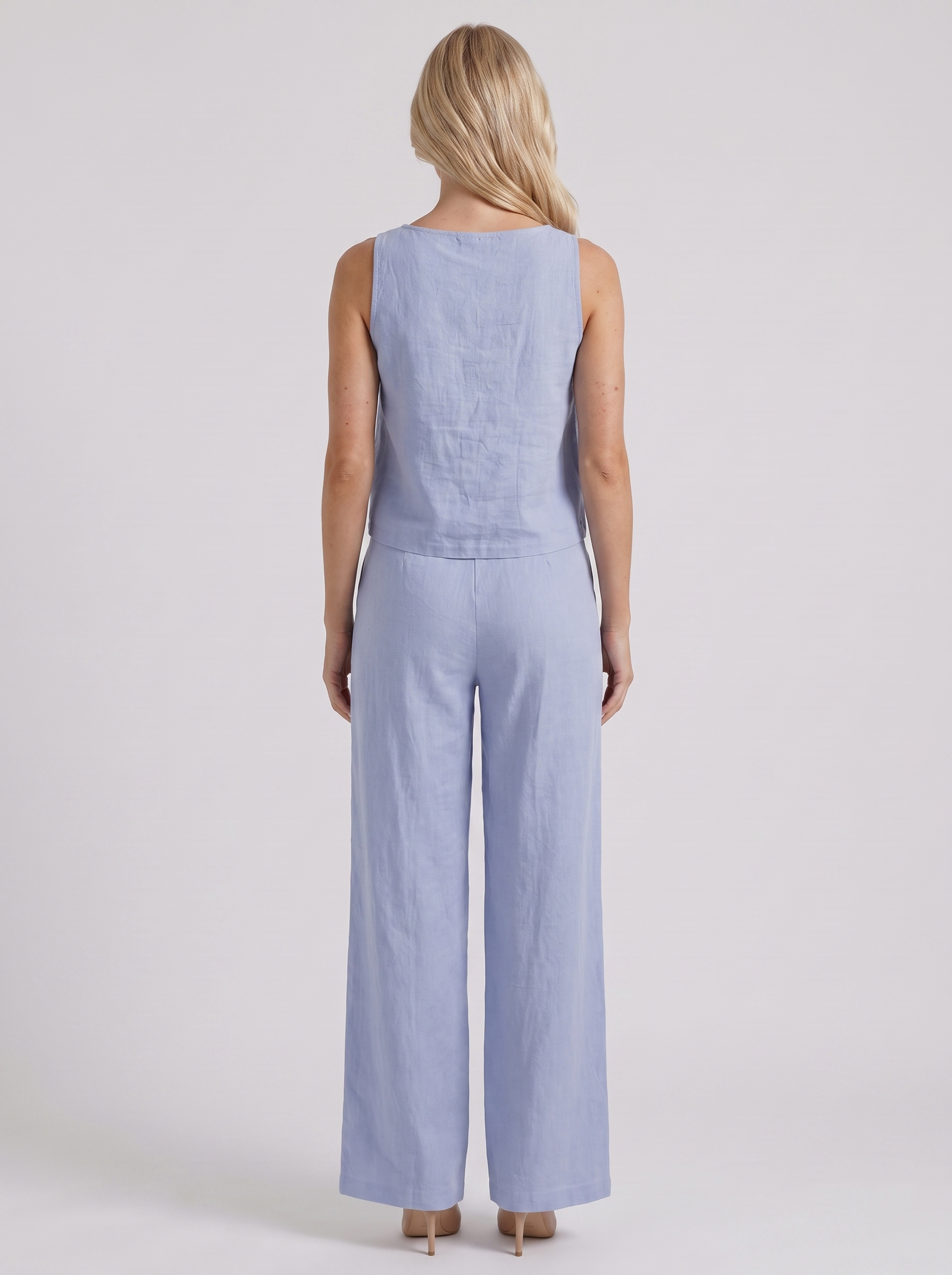 Women blue pants set with sleeveless linen top and round neckline
