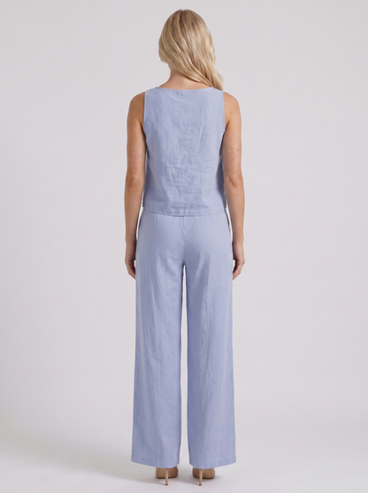 Women blue pants set with sleeveless linen top and round neckline