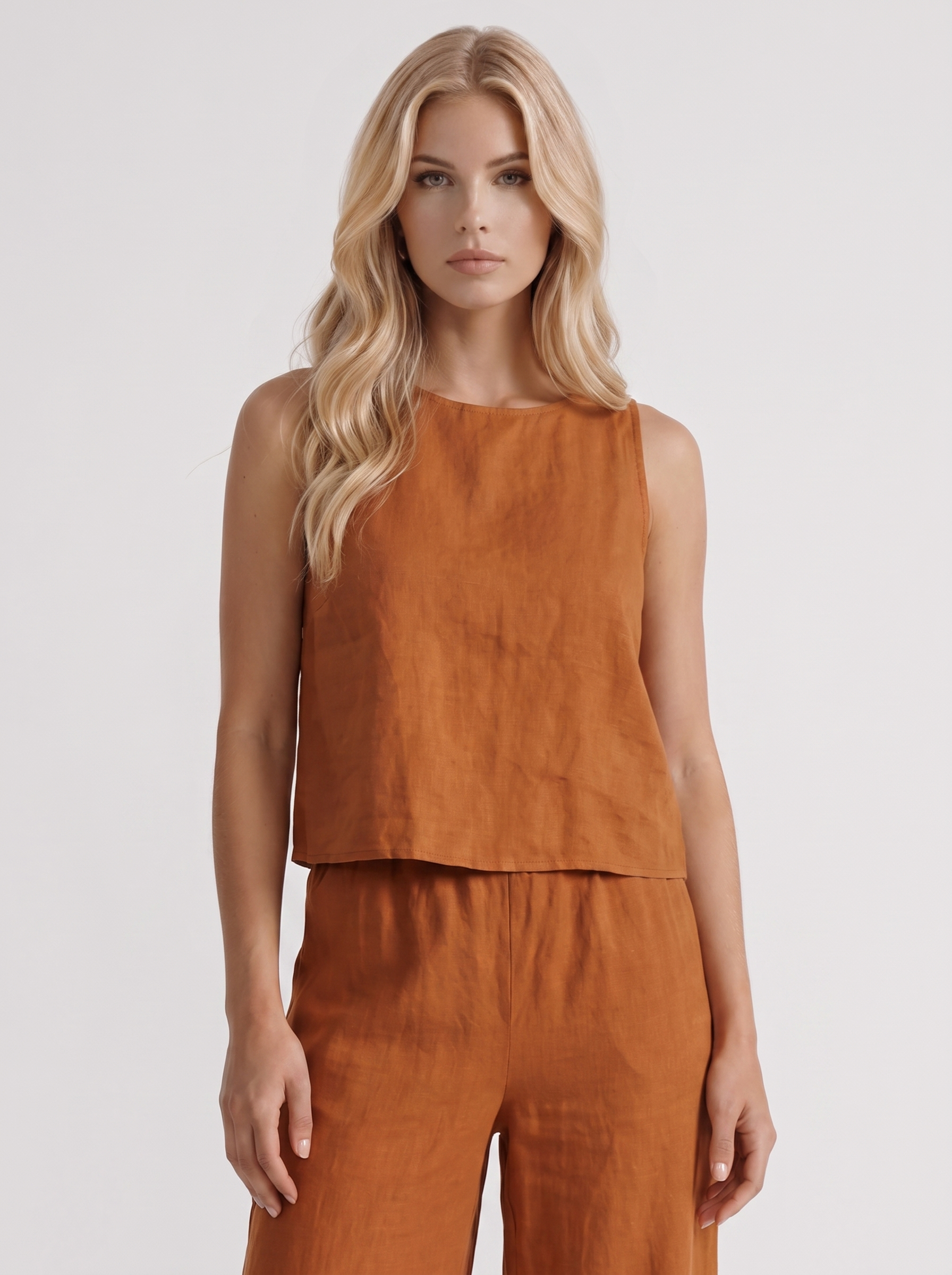 Women khaki pants set with sleeveless linen top and round neckline