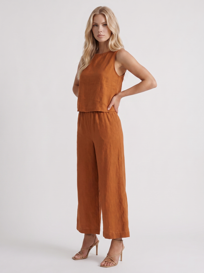Women khaki pants set with sleeveless linen top and round neckline