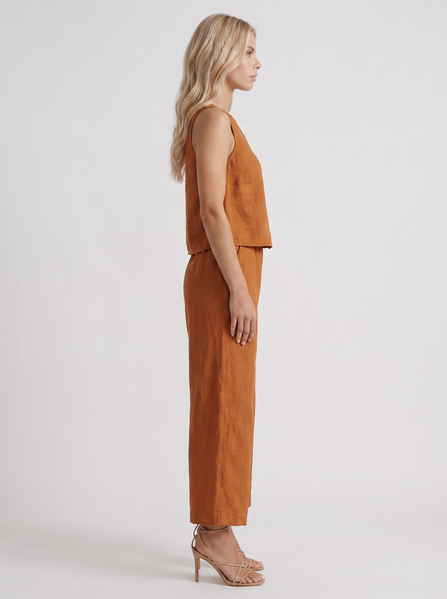 Women khaki pants set with sleeveless linen top and round neckline