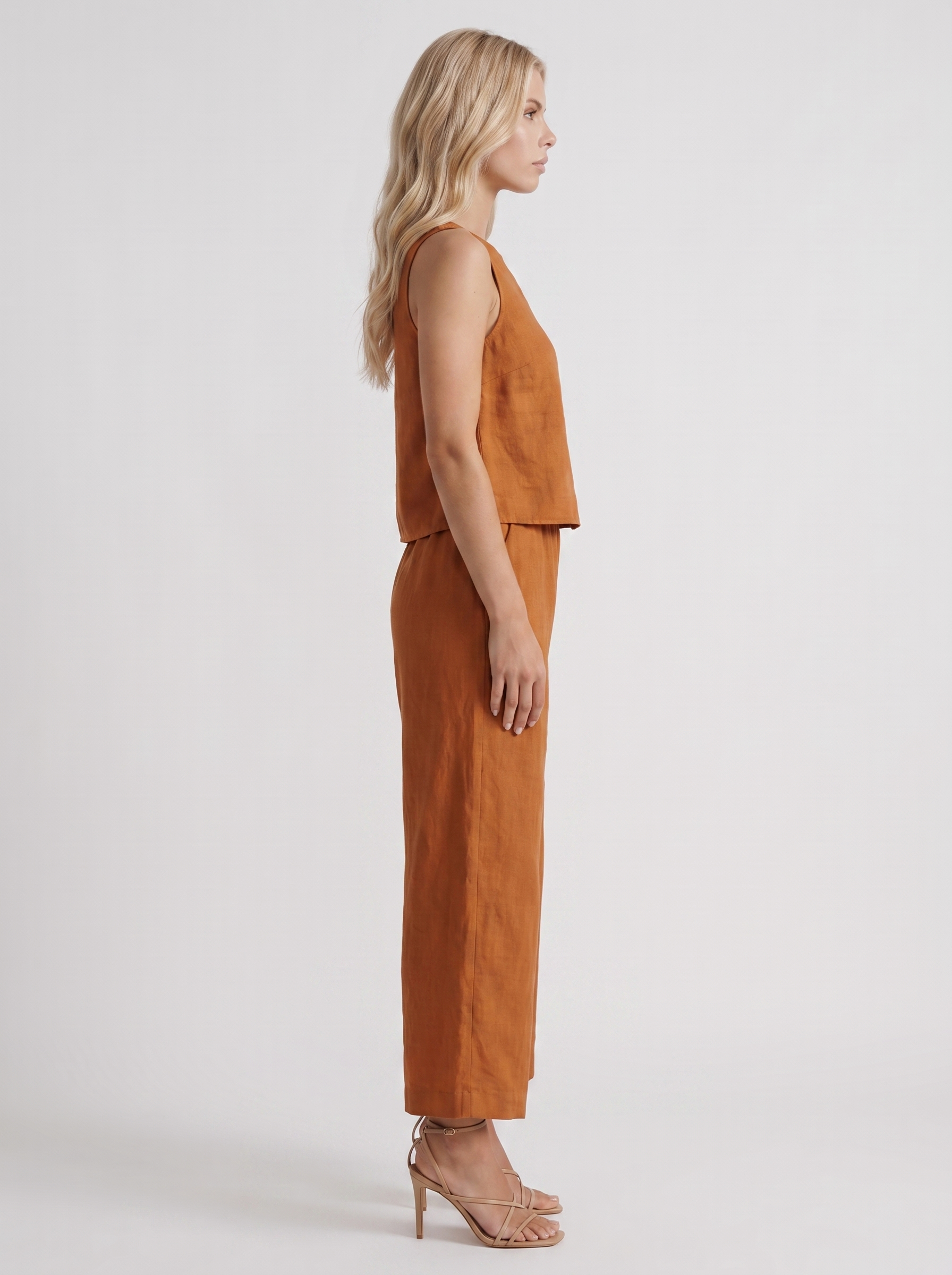 Women khaki pants set with sleeveless linen top and round neckline