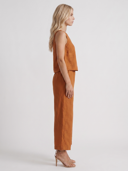 Women khaki pants set with sleeveless linen top and round neckline