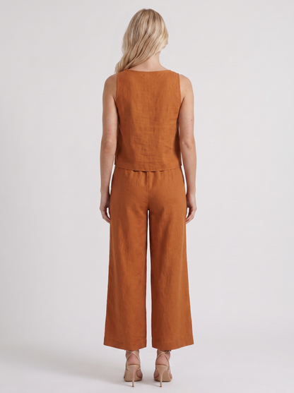 Women khaki pants set with sleeveless linen top and round neckline