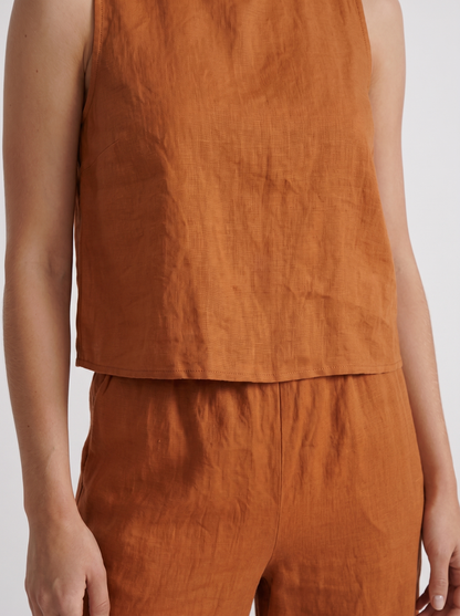 Women khaki pants set with sleeveless linen top and round neckline