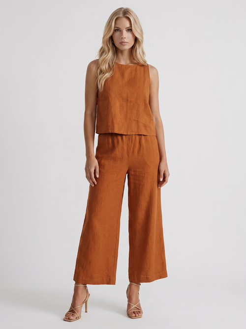 Women khaki pants set with sleeveless linen top and round neckline