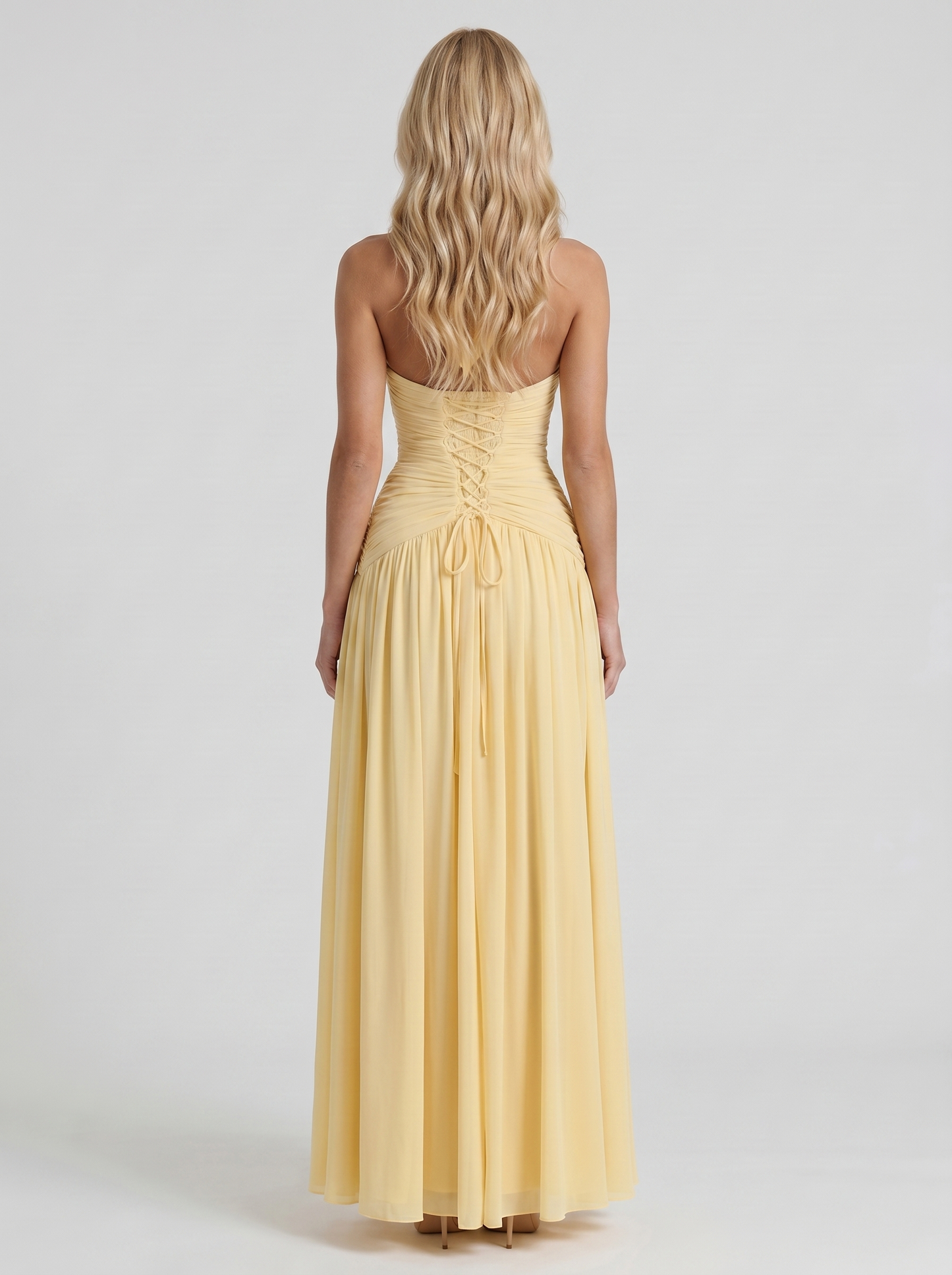 Women lemon halter ruched maxi dress with open back halter strap, back view
