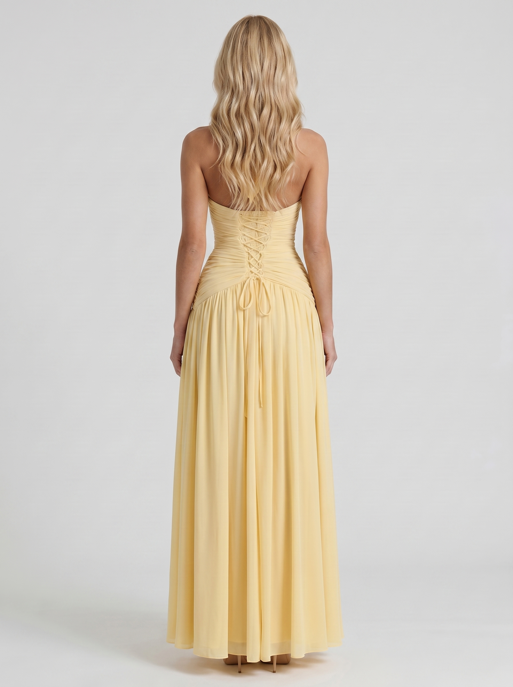Women lemon halter ruched maxi dress with open back halter strap, back view