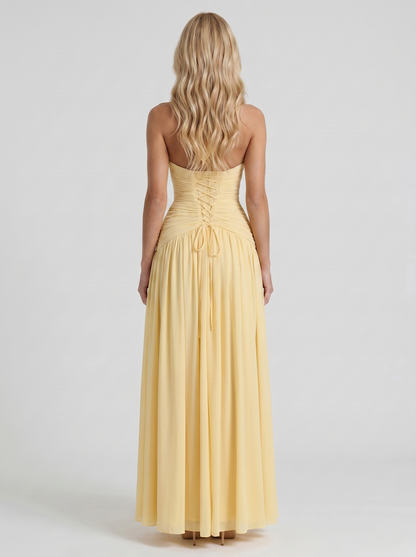 Women lemon halter ruched maxi dress with open back halter strap, back view