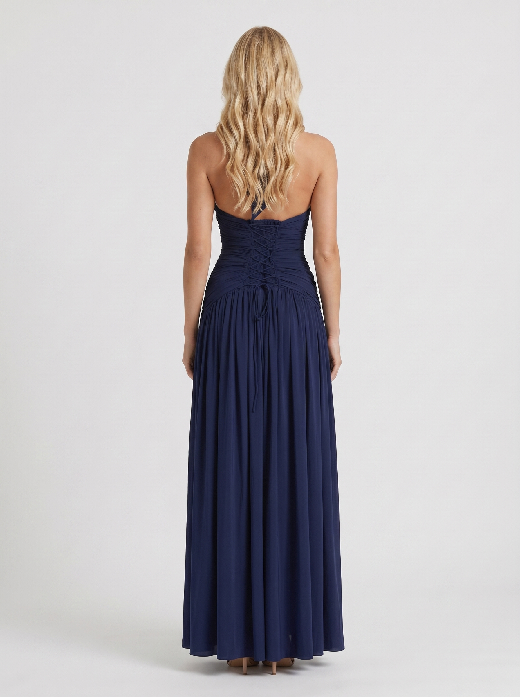 Women navy halter ruched maxi dress with open back halter strap, back view