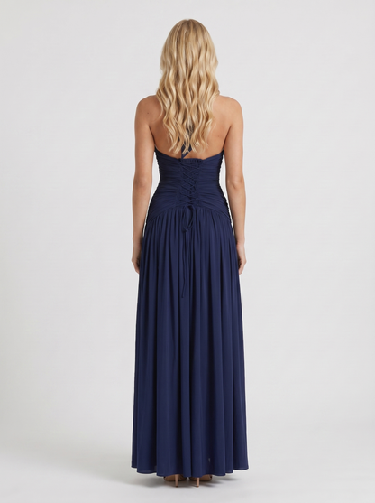 Women navy halter ruched maxi dress with open back halter strap, back view