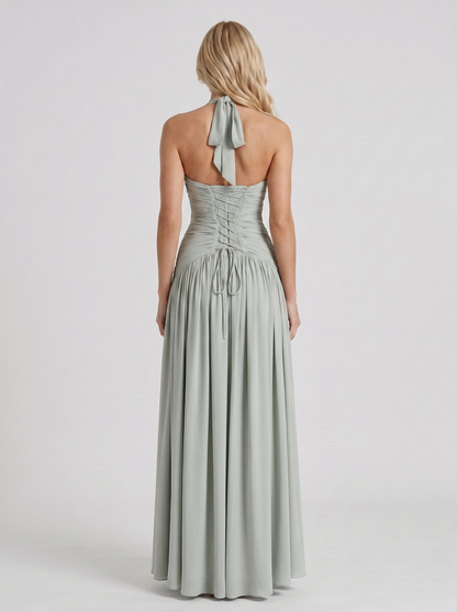 Women sage halter ruched maxi dress with open back halter strap, back view