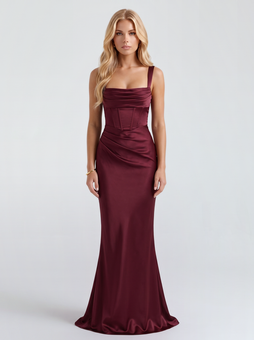 Veronica Satin Maxi Dress - Cherry