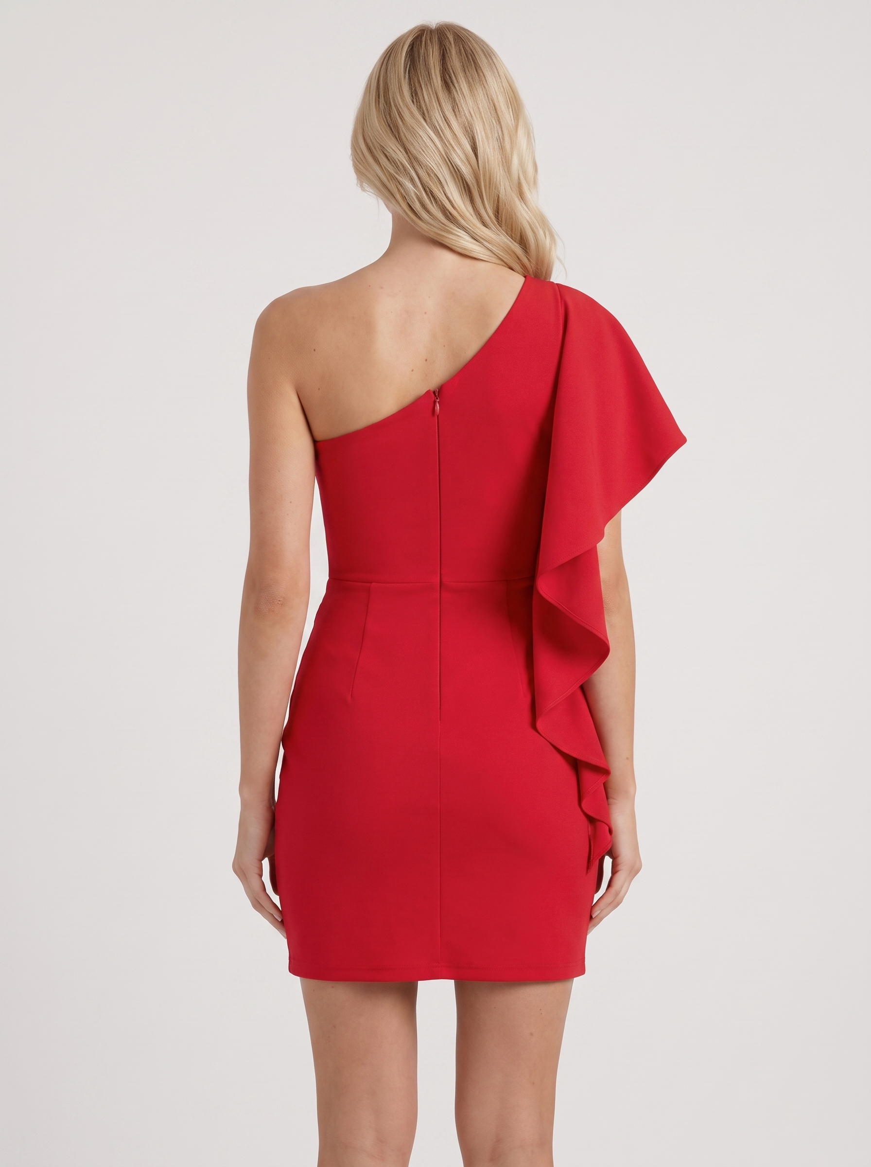 Women red bodycon mini dress with one shoulder neckline and ruched side