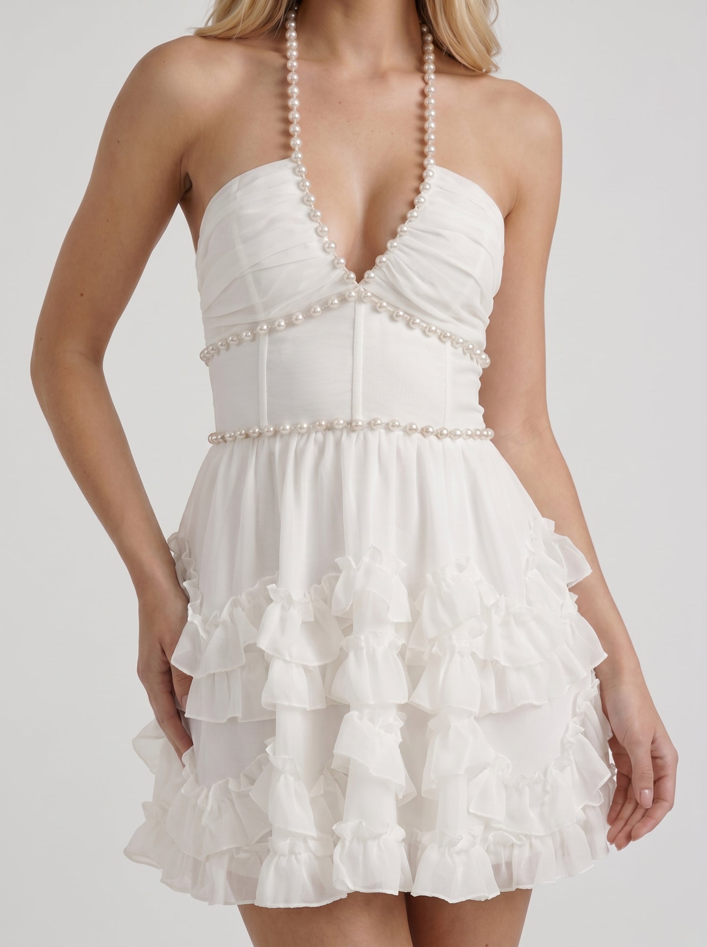 Women white pearl halter tiered ruffle mini dress, detail view