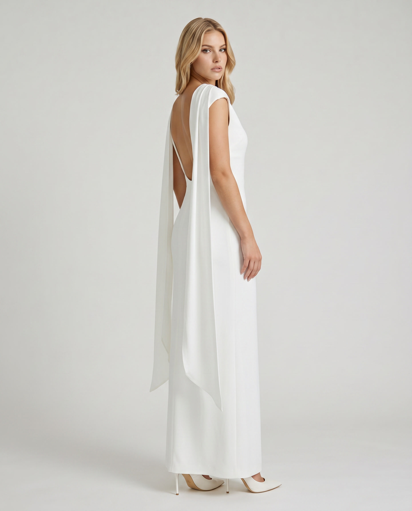Women white mock neck maxi dress with drape panels and fitted column maxi, 45 degree angle