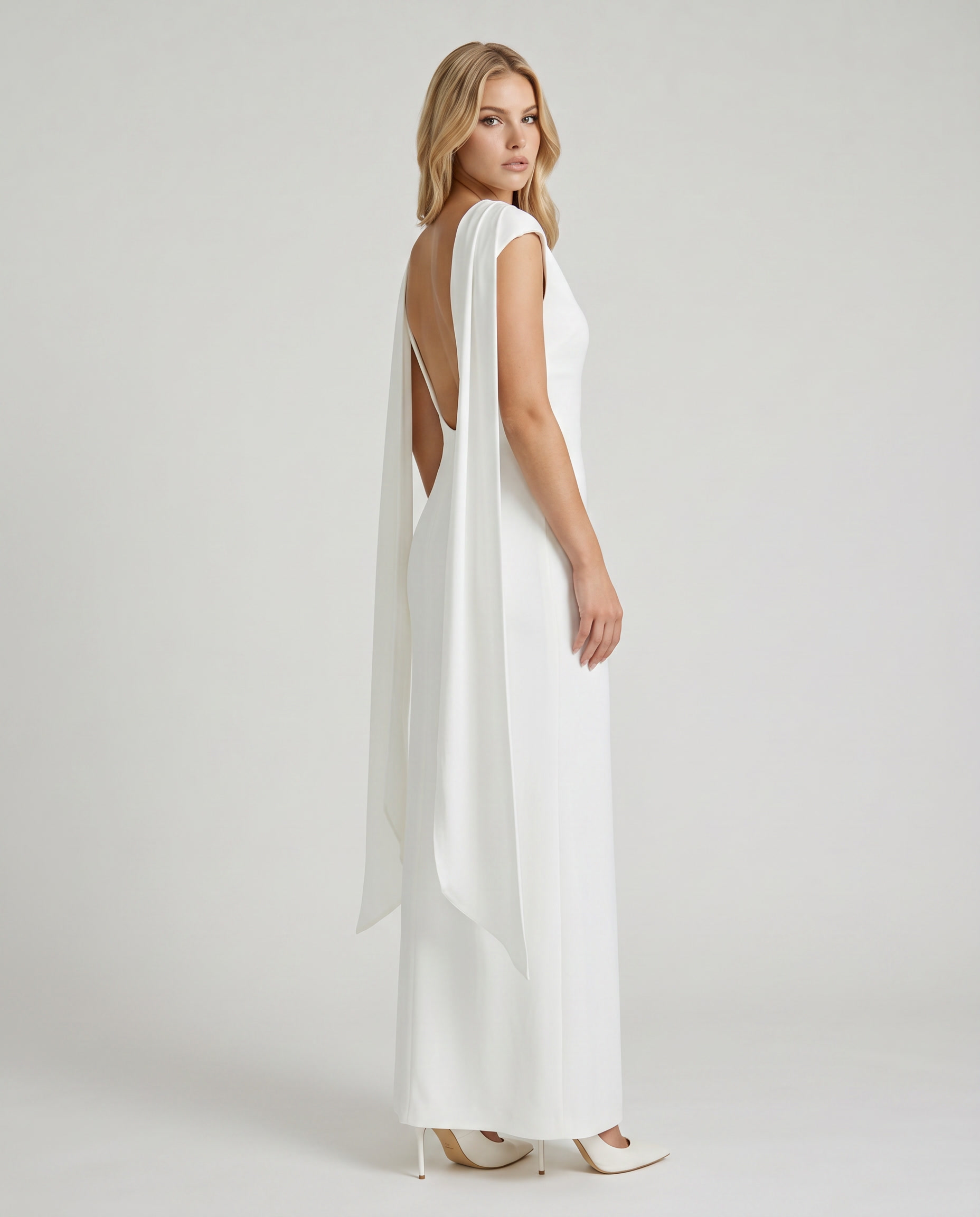 Women white mock neck maxi dress with drape panels and fitted column maxi, 45 degree angle