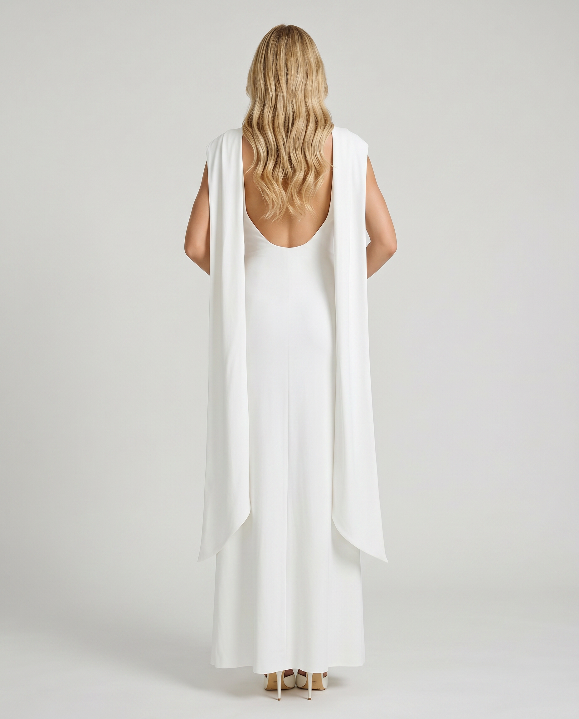 Women white mock neck maxi dress with open deep scoop back and drape panels, back view