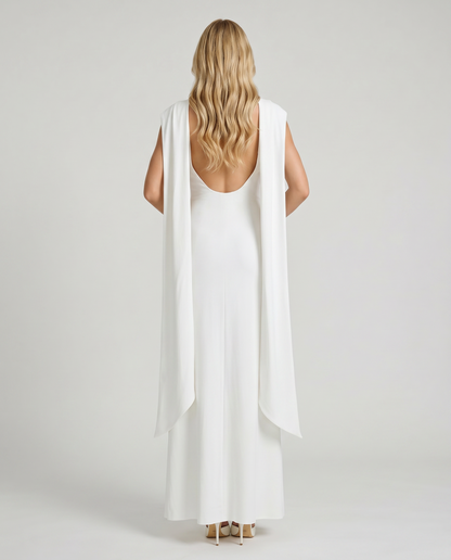 Women white mock neck maxi dress with open deep scoop back and drape panels, back view