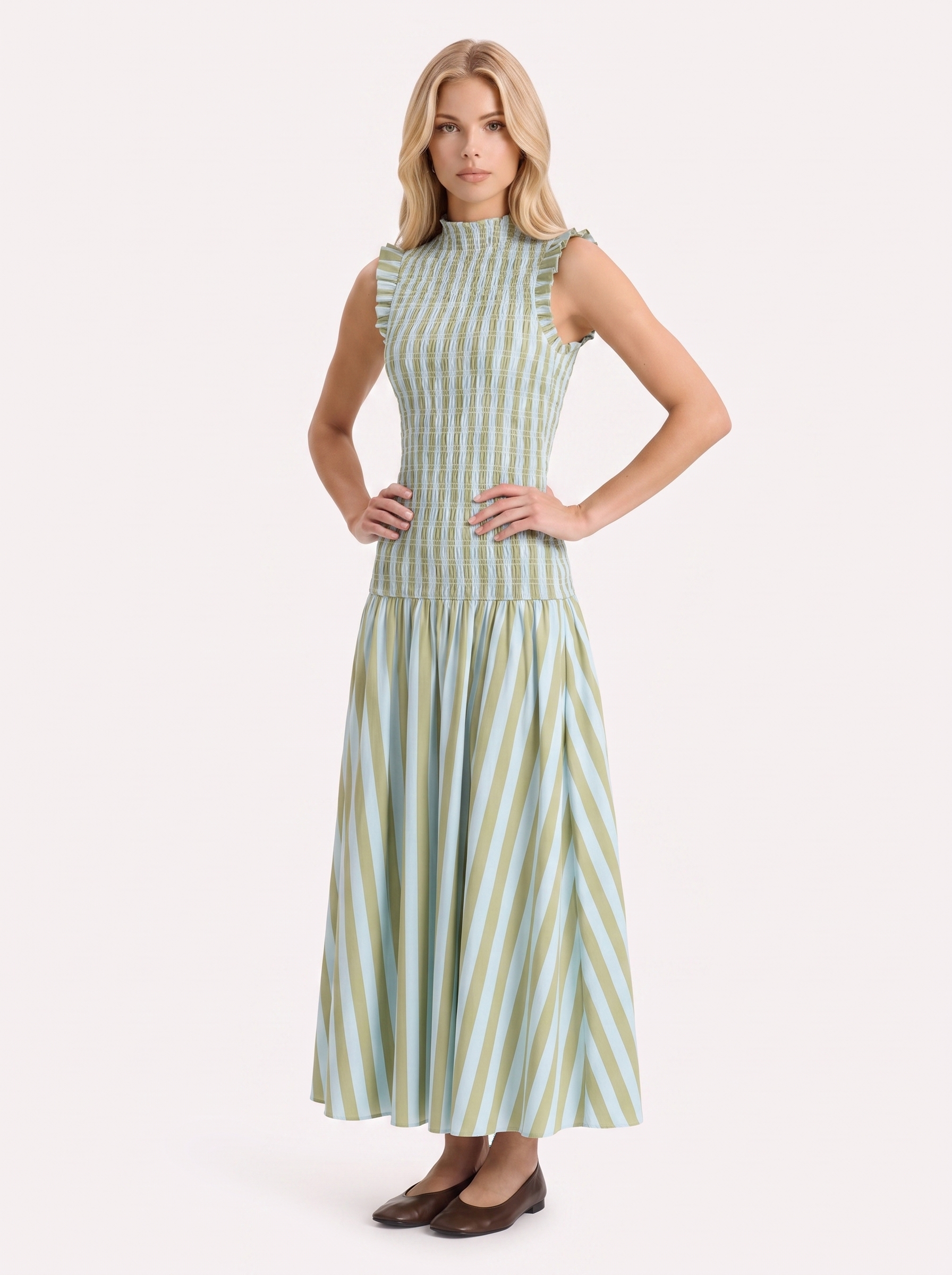 Women green maxi dress with smocked bodice and high neckline