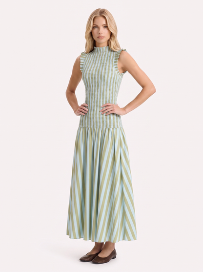 Women green maxi dress with smocked bodice and high neckline