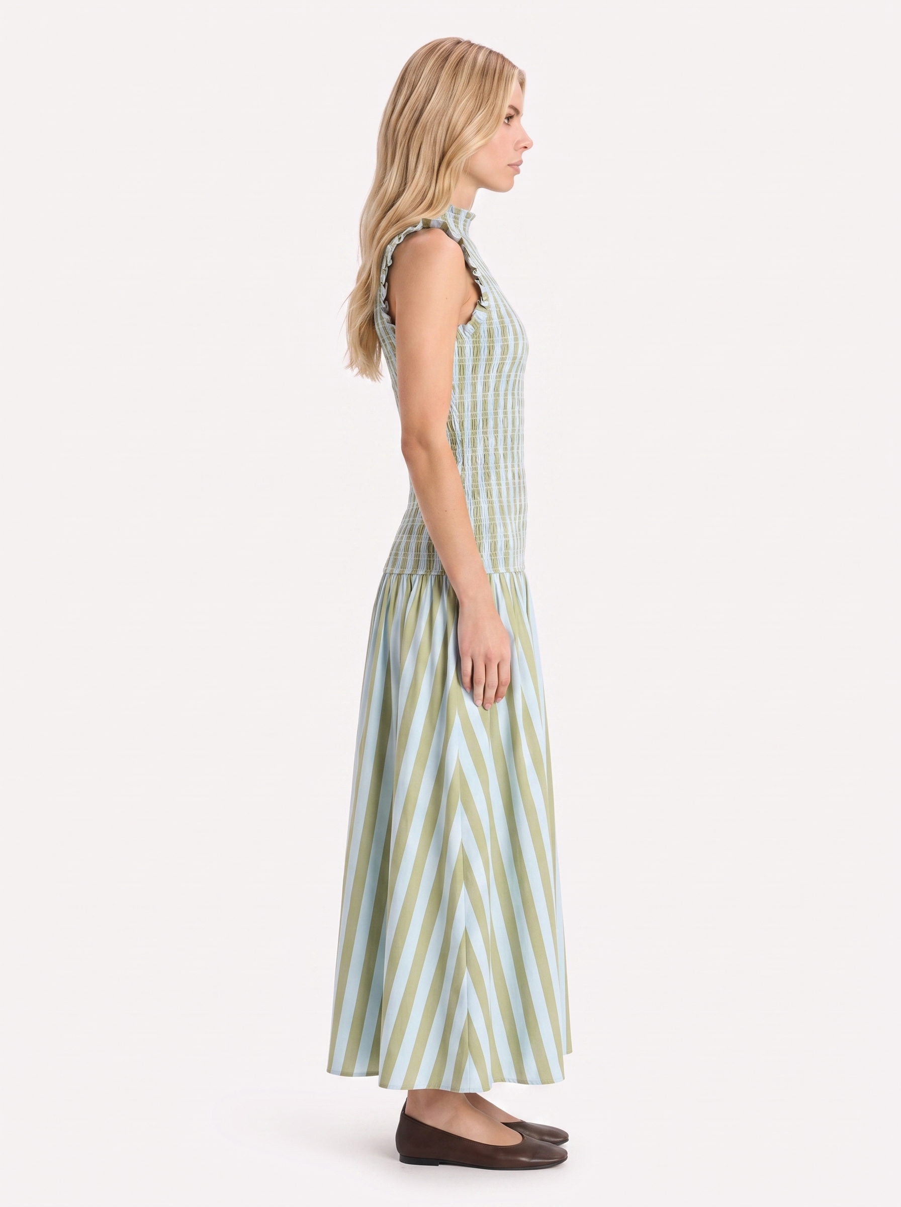 Women green maxi dress with smocked bodice and high neckline