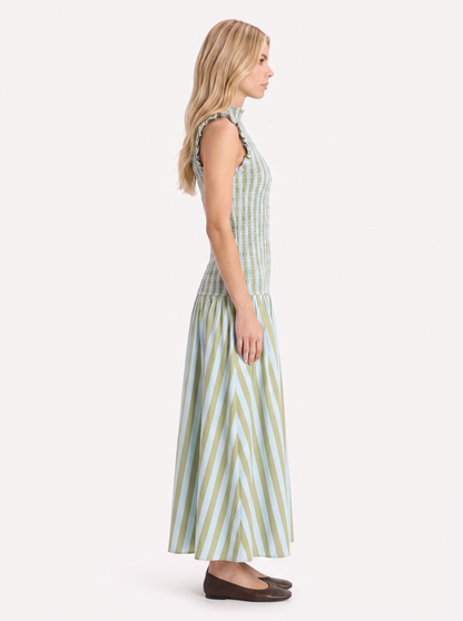Women green maxi dress with smocked bodice and high neckline