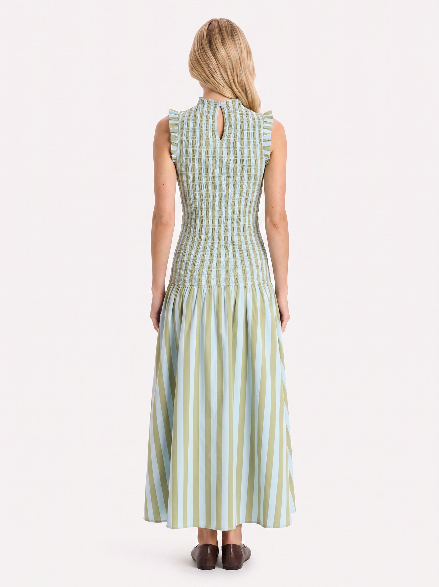 Women green maxi dress with smocked bodice and high neckline