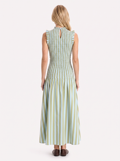 Women green maxi dress with smocked bodice and high neckline