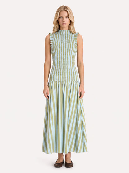 Women green maxi dress with smocked bodice and high neckline
