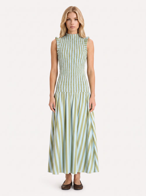 Women green maxi dress with smocked bodice and high neckline