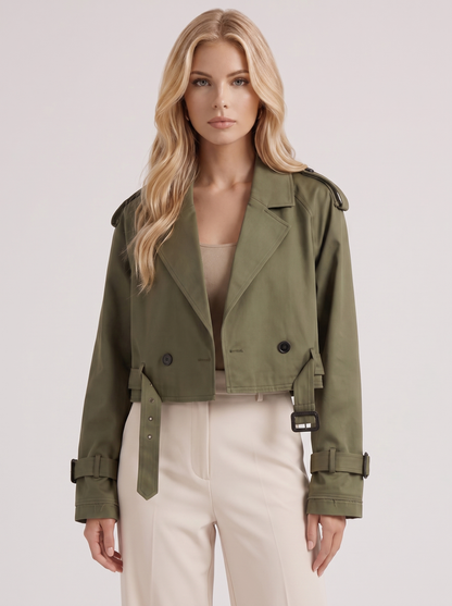 Women's army green utility trench with epaulette shoulders and belted cuffs