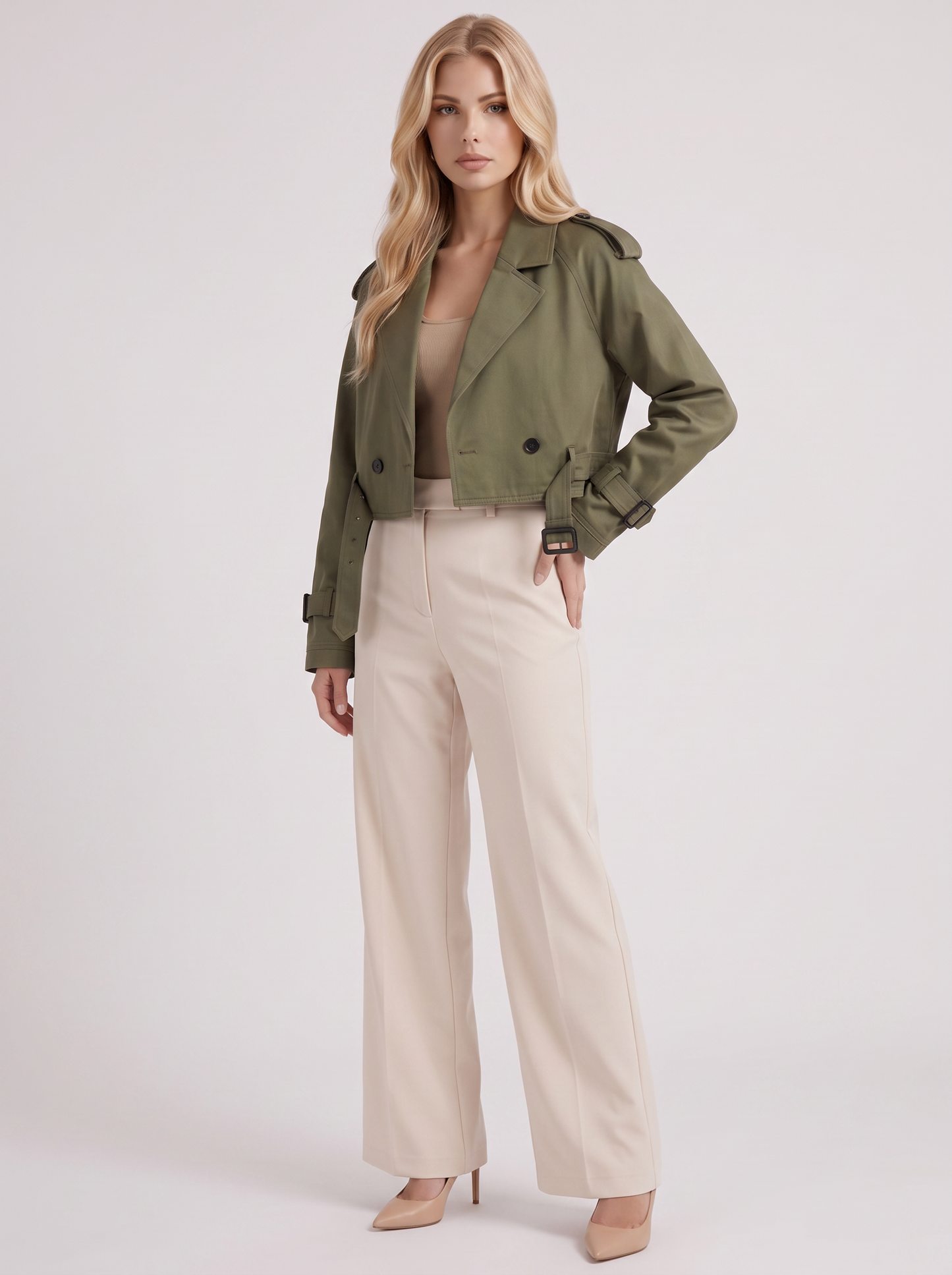 Women's army green utility trench with epaulette shoulders and belted cuffs