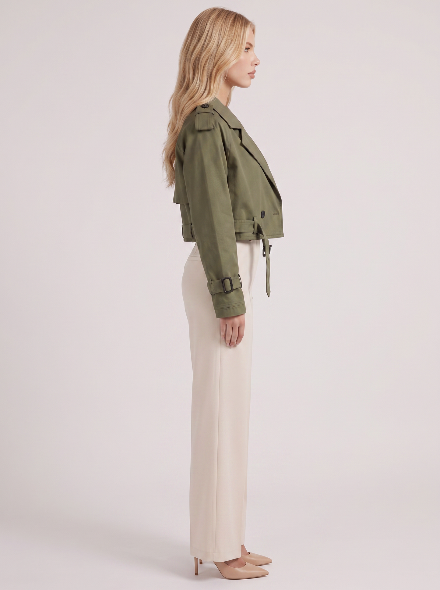 Women's army green utility trench with epaulette shoulders and belted cuffs