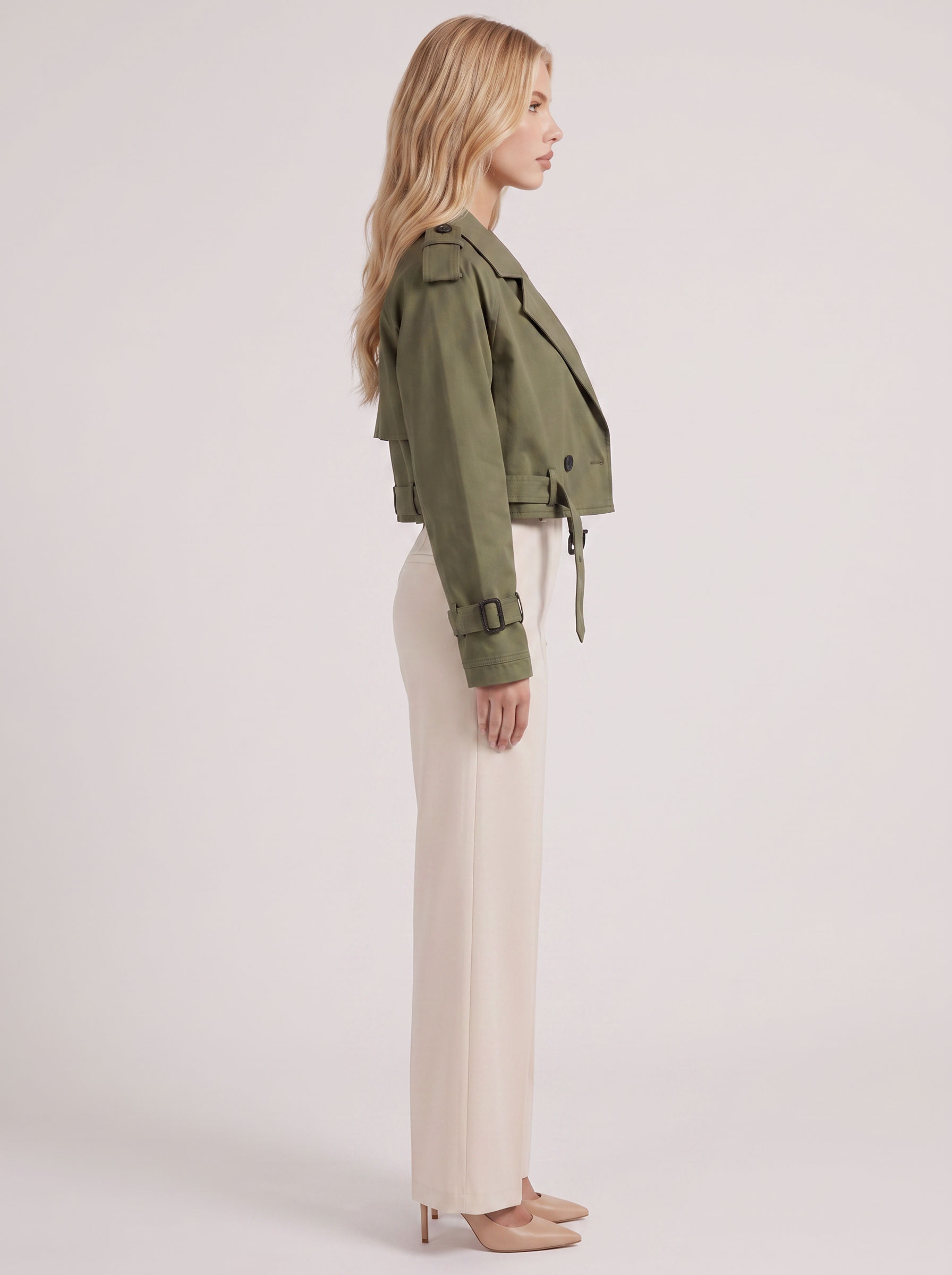 Women's army green utility trench with epaulette shoulders and belted cuffs