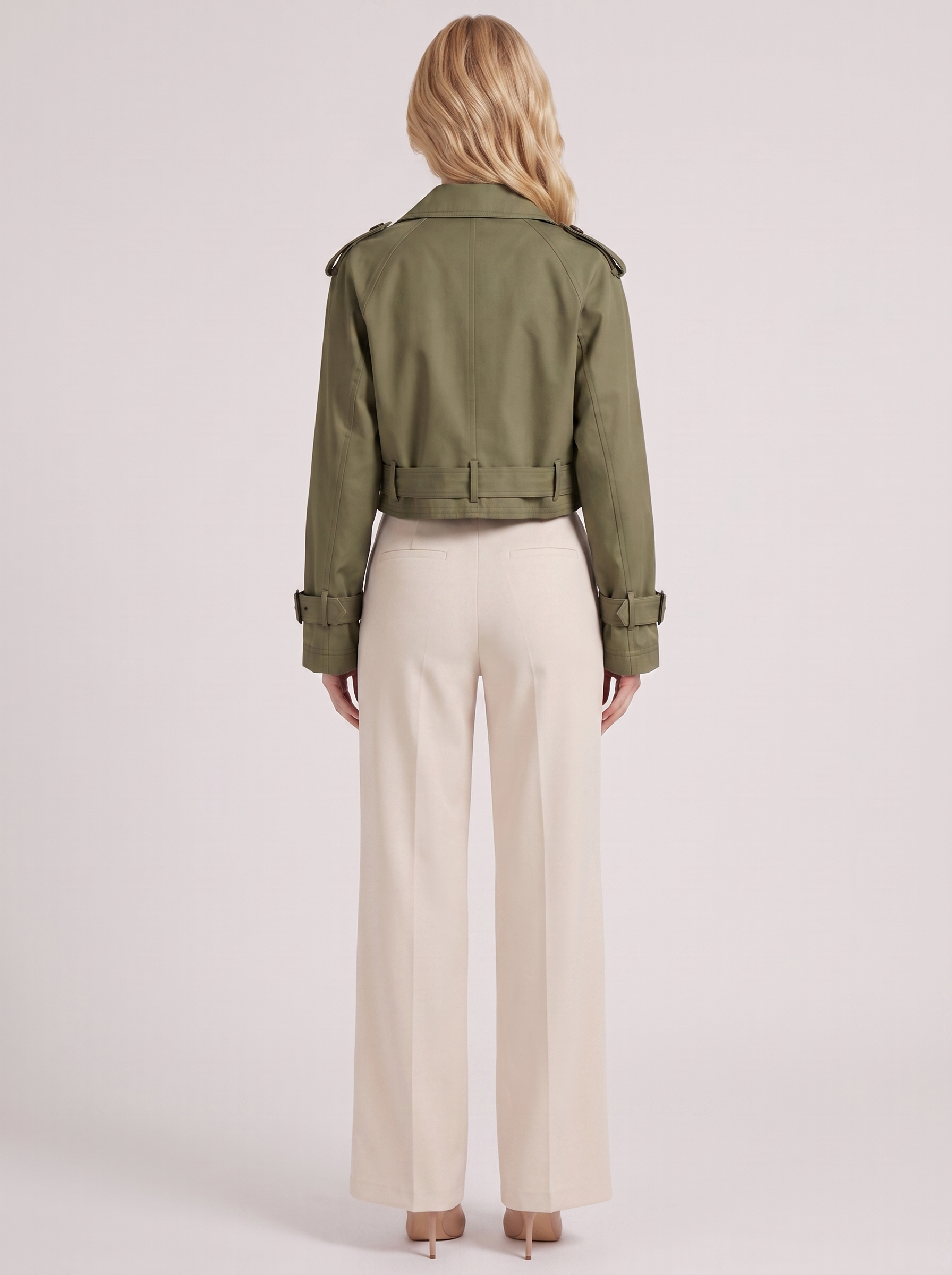 Women's army green utility trench with epaulette shoulders and belted cuffs